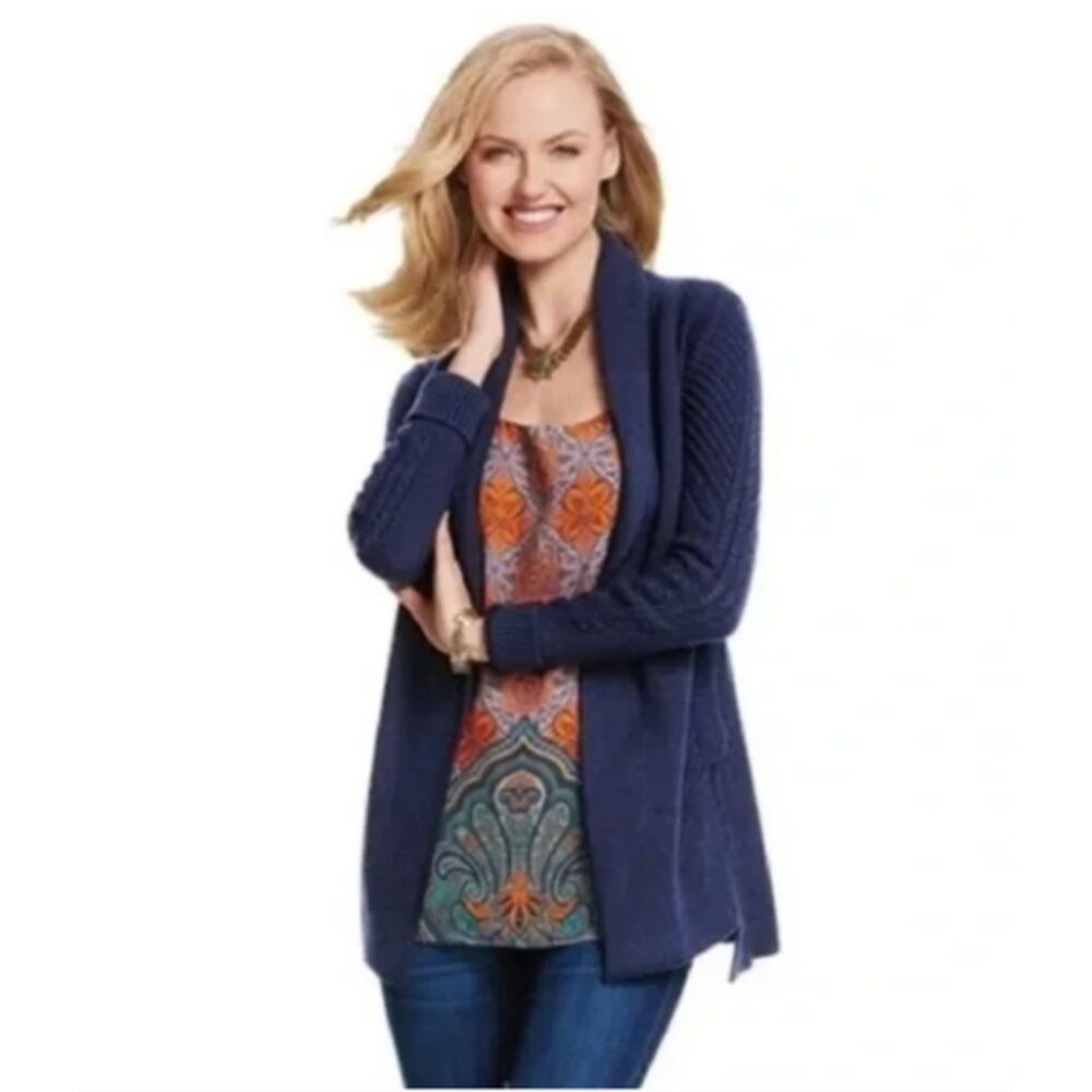 CAbi Countryside Cable Knit Sweater Cardigan Cozy Stylish Fall Layer Pockets XS